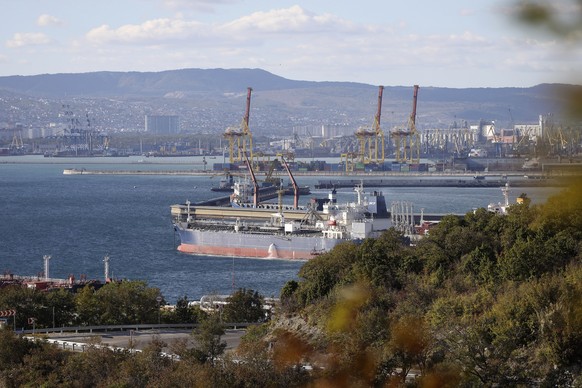 FILE - An oil tanker is moored at the Sheskharis complex, part of Chernomortransneft JSC, a subsidiary of Transneft PJSC, in Novorossiysk, Russia, on Oct. 11, 2022, one of the largest facilities for o ...