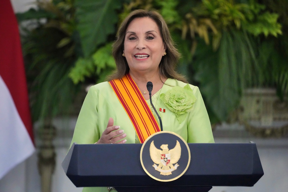 Peruvian President Dina Boluarte speaks during a press conference after meeting with her Indonesian counterpart Prabowo Subianto at Merdeka Palace in Jakarta, Indonesia, Monday, Aug. 11, 2025. (AP Pho ...