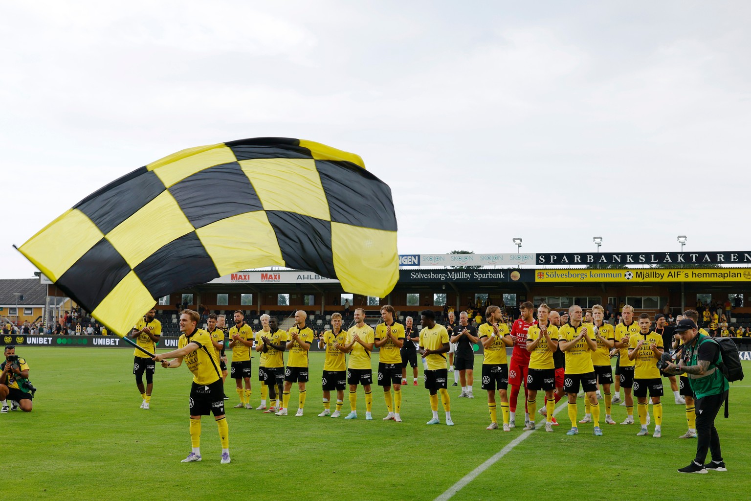 Mjallby players celebrates after winning their soccer match against IK Sirius FK at Strandvallen in Hallevik, Sweden, Saturday July 27, 2025. (Andreas Hillergren /TT News Agency via AP)
Soccer Swedish ...