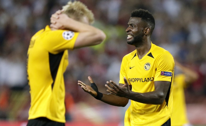 epa07798246 Young Boys&#039; Jean-Pierre Nsame (R) reacts during the UEFA Champions League playoff, second leg soccer match between BSC Young Boys and Red Star Belgrade in Belgrade, Serbia, 27 August  ...