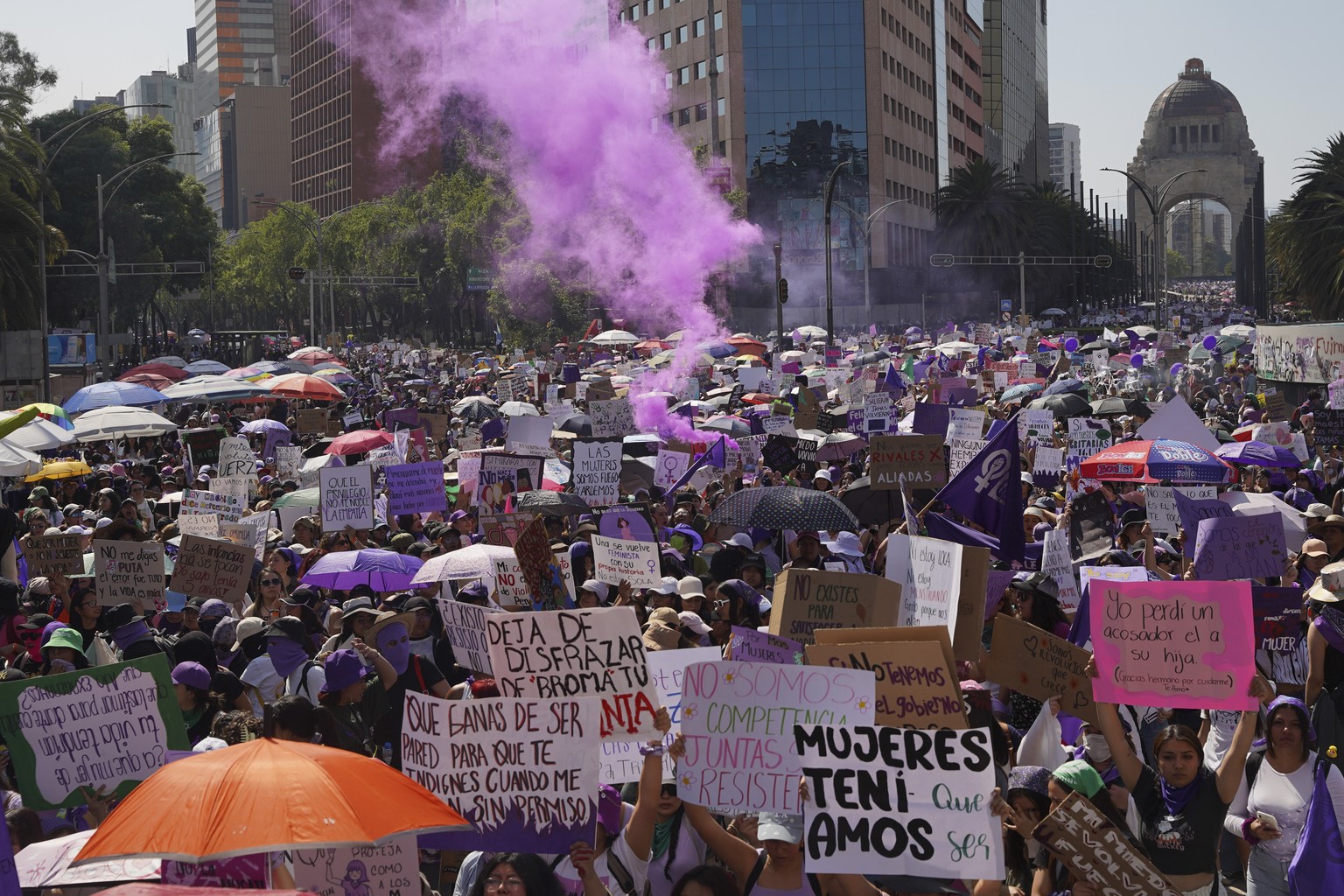 Women march against gender-based violence marking International Women&#039;s Day, in Mexico City, Friday, March 8, 2024. (AP Photo/Aurea del Rosario)