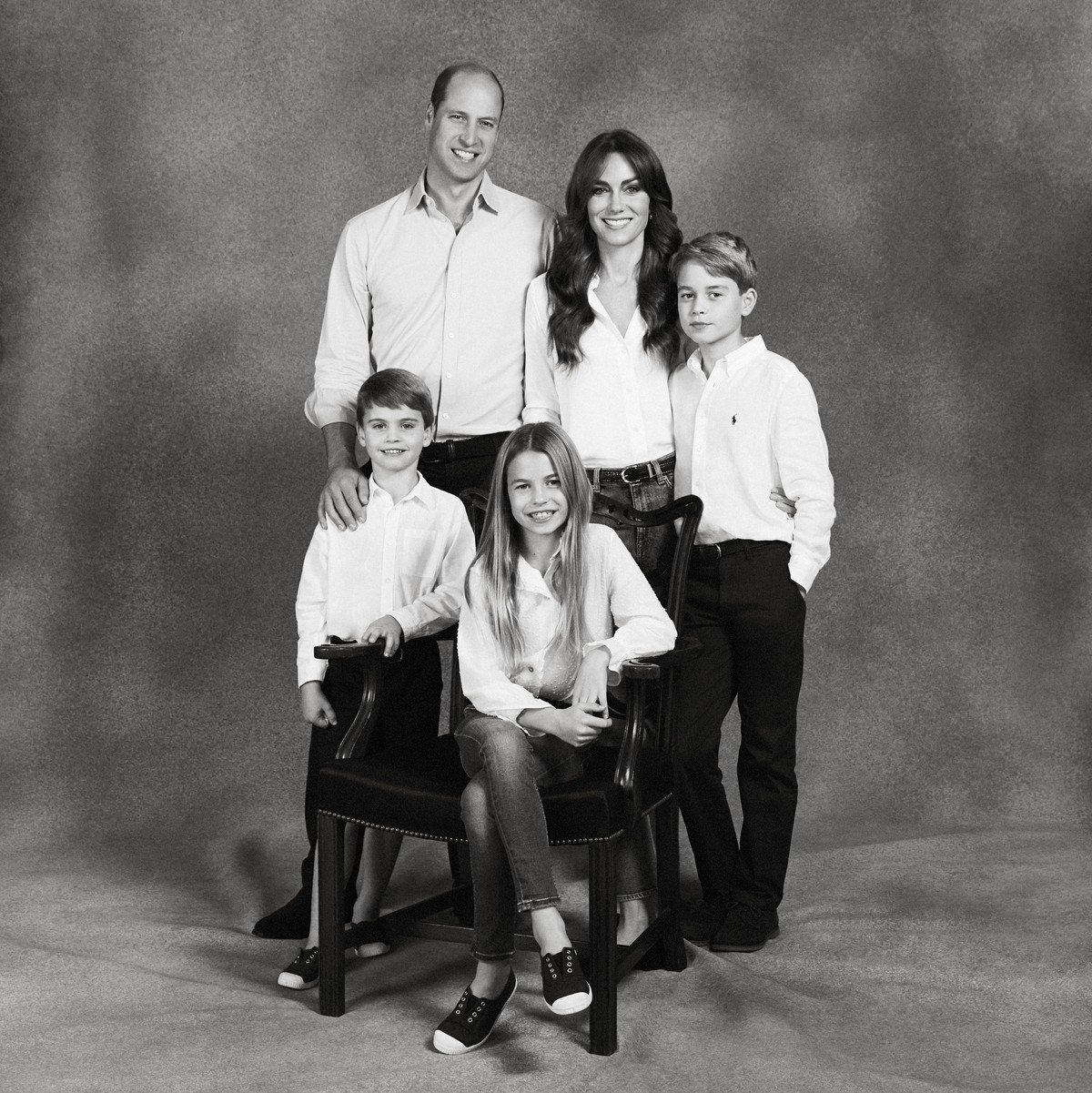 This undated handout photo provided by Kensington Palace show Britain's Prince William and Kate, Princess of Wales with their three children Prince George, Princess Charlotte and Prince Louis, in ...
