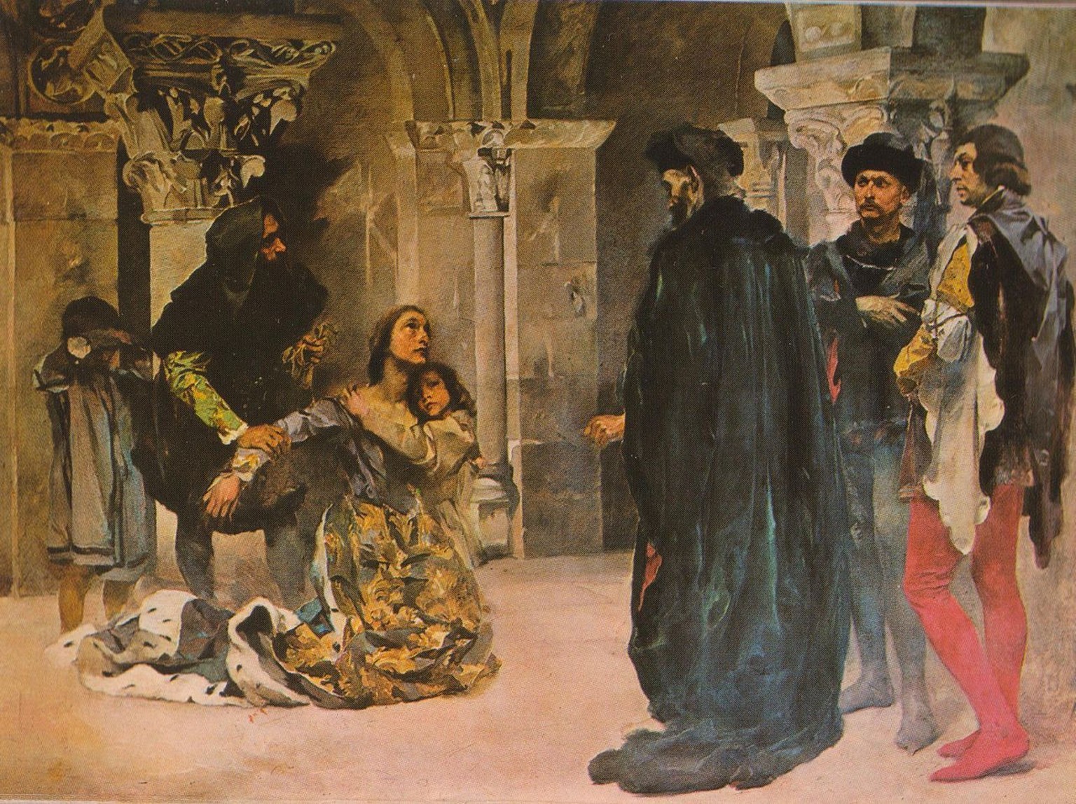 Der Mord an Ines de Castro, Gemälde von Columbano Bordalo Pinheiro, um 1902. Nach der Überlieferung handelte es sich bei den Mördern um Pedro Coelho, Alvaro Gonçalves, und Diogo Lopes Pacheco.