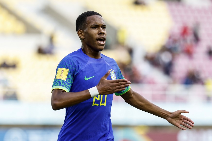 epa10985692 Estevao Willian of Brazil celebrates after scoring the opening goal during the FIFA U-17 World Cup round of sixteen match between Ecuador and Brazil at the Manahan Stadium in Surakarta, In ...