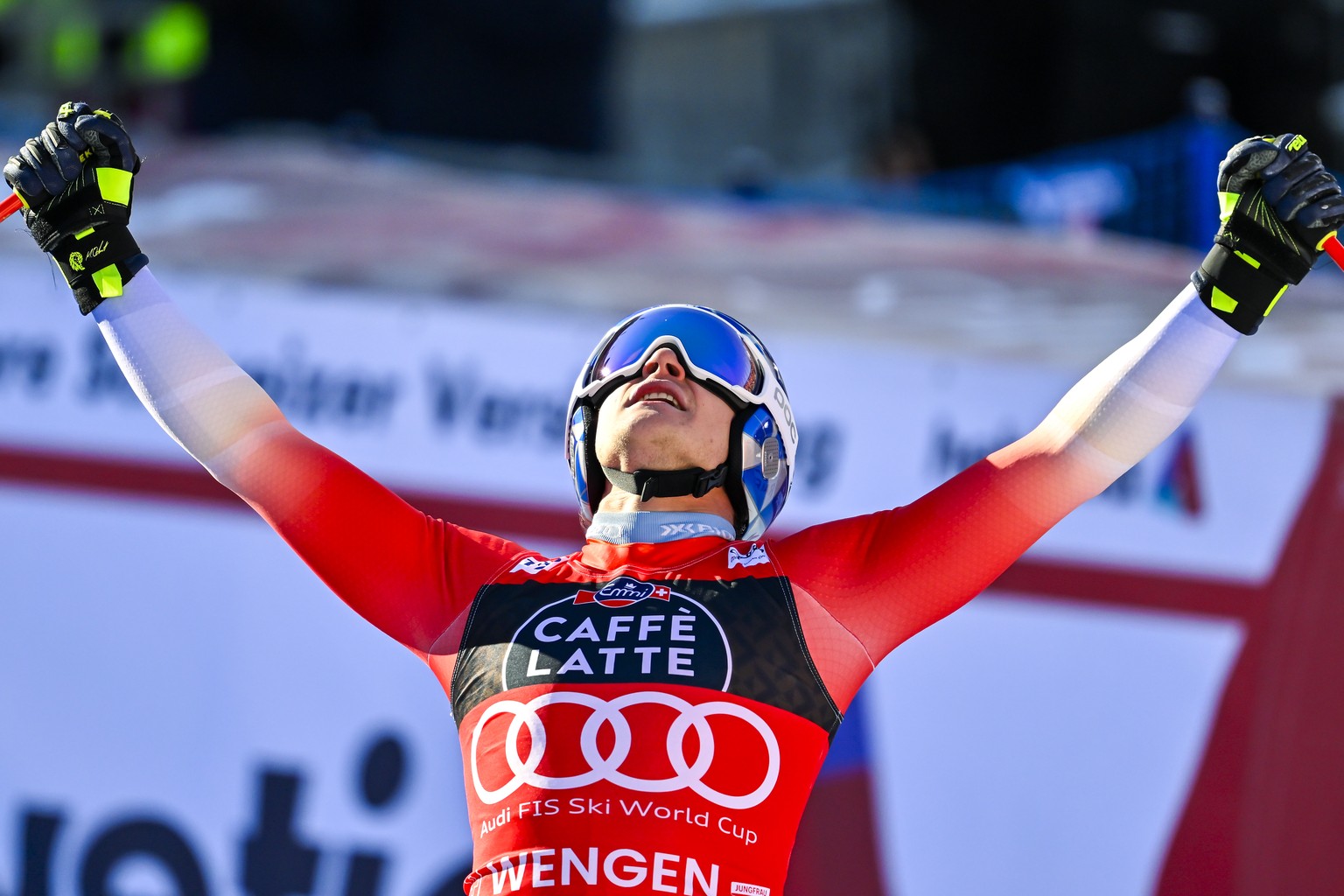 Marco Odermatt of Switzerland reacts in the finish area during the men&#039;s downhill race at the Alpine Skiing FIS Ski World Cup in Wengen, Switzerland, Saturday, January 13, 2024. (KEYSTONE/Peter S ...