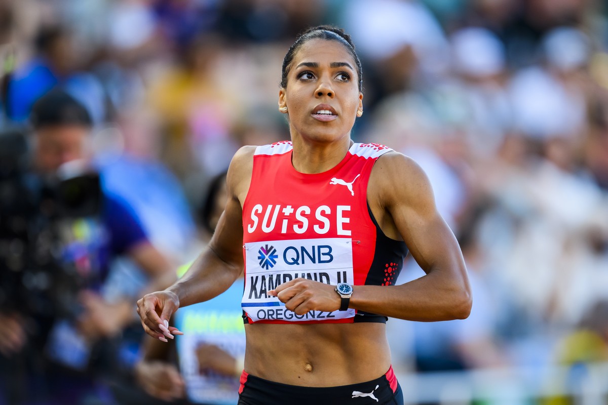Mujinga Kambundji of Switzerland reacts for the women's 200 meters semi-final during the IAAF World Athletics Championships, at the Hayward Field stadium, in Eugene, United States, Tuesday, July  ...