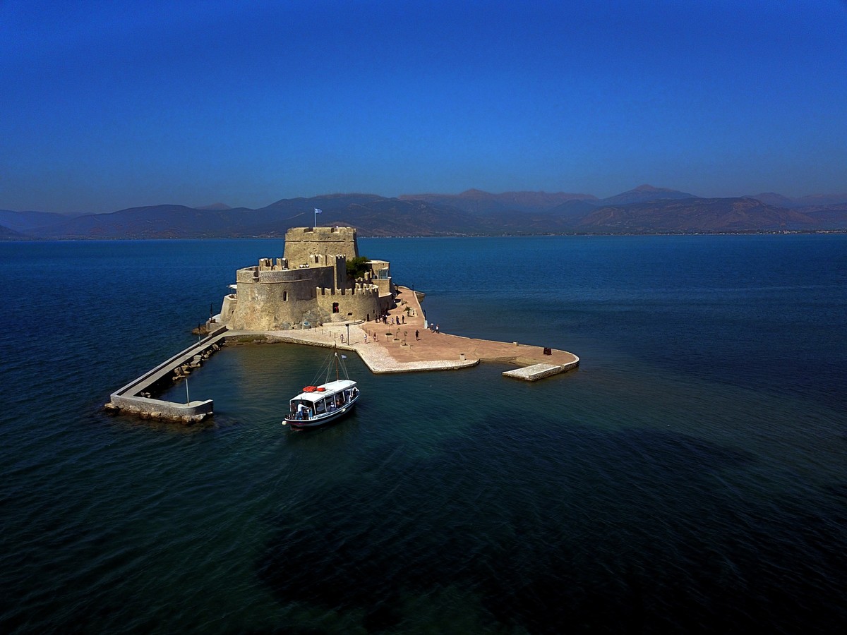 epa10786361 An aerial picture taken with a drone shows the Bourtzi Castle in Nafplio, Peloponnese, Greece, 05 August 2023. The Greek culture ministry and the Hellenic Public Properties Co announced th ...