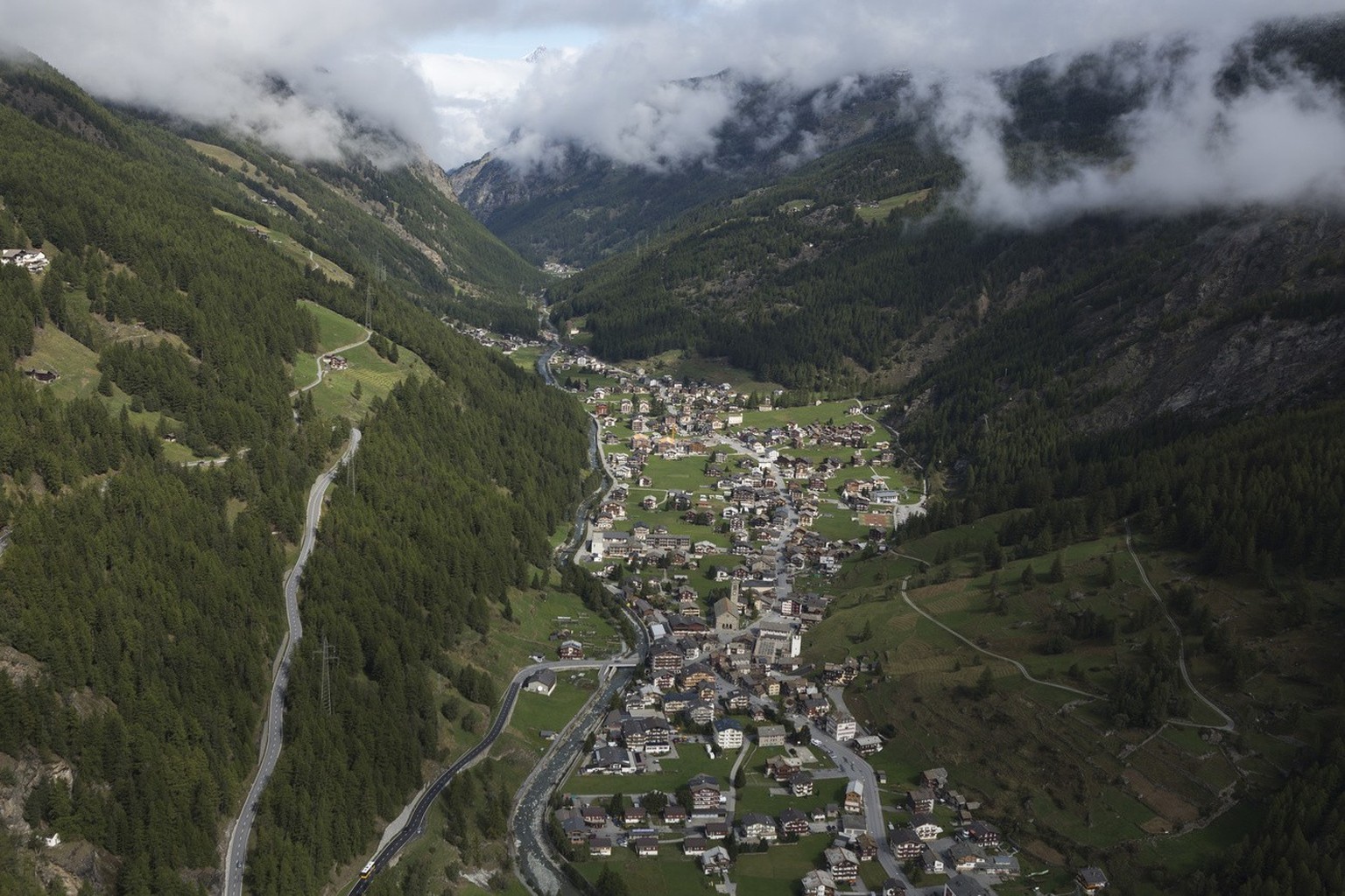 The village just below the Trift Glacier in Saas-Grund, Valais, Switzerland, Sunday, September 10, 2017. Two third of the fast moving ice zone of the Trift Glacier fell down over night. The population ...