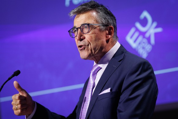epa12487356 Former Danish Prime Minister Anders Fogh Rasmussen delivers a speech during the European Space Agency (ESA) conference Space for European Resilience: 'Rising to the collective Challen ...