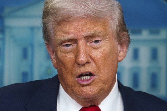 epa12294006 US President Donald Trump addresses the media in the James S. Brady Press Briefing Room of the White House, Washington, DC, USA, 11 August 2025. President Trump is due to announce the depl ...