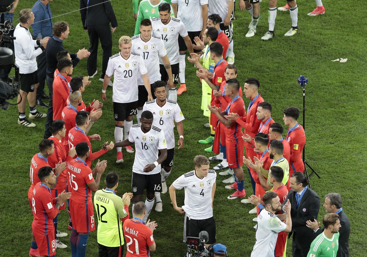 Chile's players applaud Germany's team after losing the Confederations Cup final soccer match between Chile and Germany, at the St.Petersburg Stadium, Russia, Sunday, July 2, 2017. (AP Photo ...