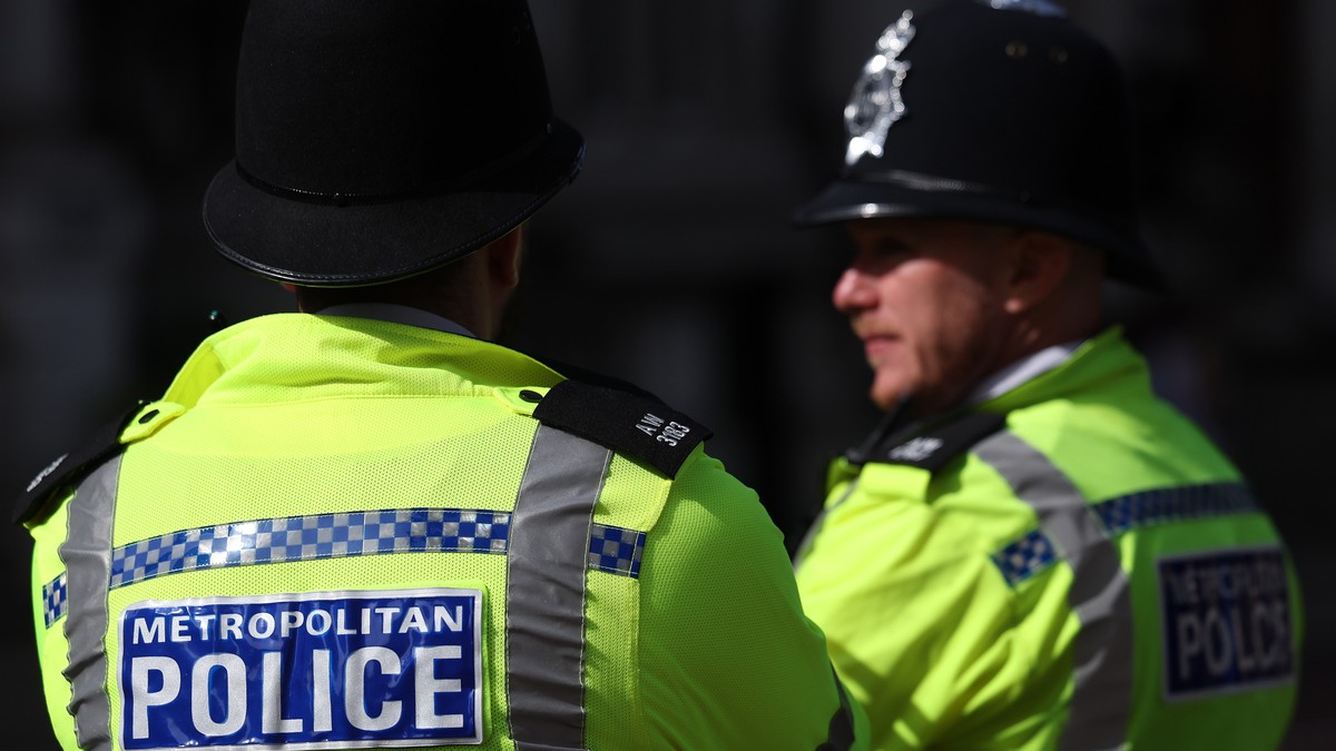 epa11557739 Policemen keep watch in London, Britain, 21 August 2024. According to the a recent study by the Youth Endowment Fund (YEF), 'stop and search' tactics by British police has proved ...