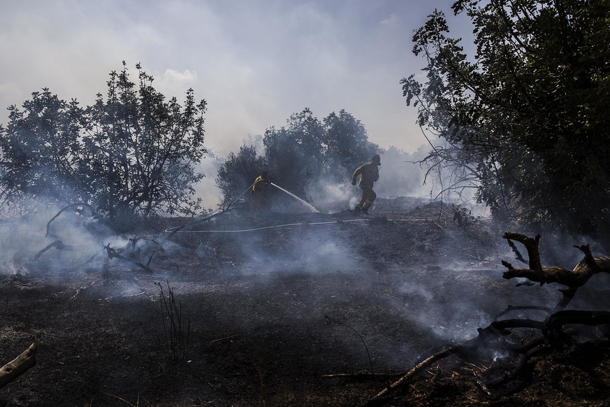 An Israeli firefighter tries to extinguish the fire in near the Israel Gaza border, Israel, Friday, May 11, 2018. (AP Photo/Tsafrir Abayov)