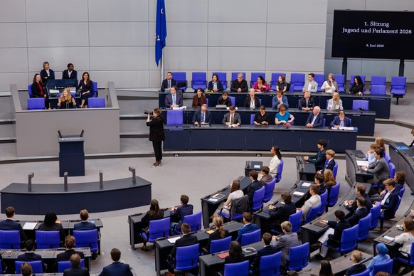 epa13023993 German parliament vice president Josephine Ortleb (L) speaks during the beginning of a session of the event 'Youth and Parliament 2026' at the German Parliament 'Bundestag&# ...