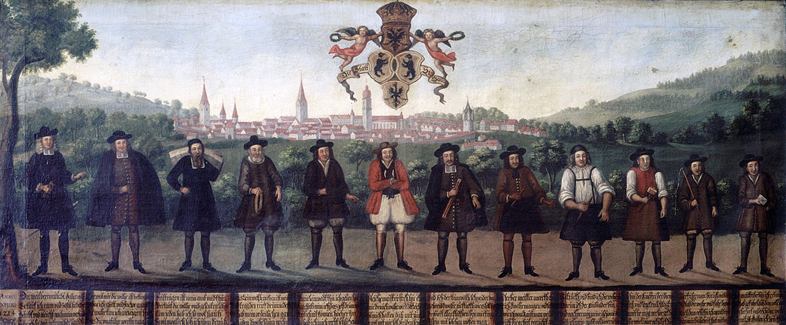 Die Tafel verbildlicht die Bedeutung des Leinwandhandels für St. Gallen: Vor der Stadt im Hintergrund stehen zwölf Vertreter von Berufsleuten, die im Leinwandgewerbe tätig waren – vom Kaufmann an der  ...