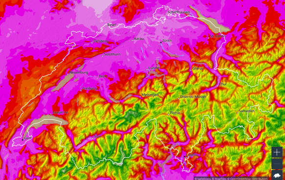 Die Prognosen bis Freitagnachmittag: Im Mittelland wird es fast überall über 30 Grad (violett) heiss.