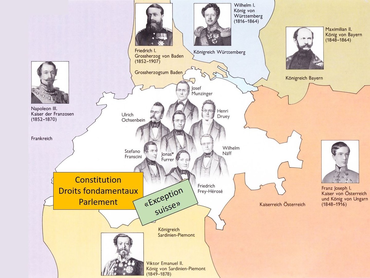 La Suisse après 1848, exception politique en Europe: une autorité collégiale élue par le Parlement, démocratie encerclée par des principautés hégémoniques et autoritaires. «Cas particulier» est un ter ...