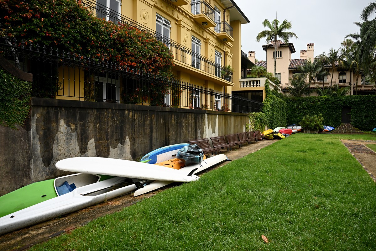 epa11113253 Kayaks and surfboards are seen stored in a park at Elizabeth Bay on Sydney Harbor, in Sydney, Australia, 30 January 2024. A woman, who is in her late 20's, was bitten on the right leg ...