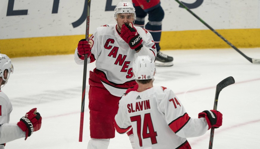 COLUMBUS, OH - MARCH 25: Carolina Hurricanes right wing Nino Niederreiter 21 reacts to scoring a goal during the game between the Columbus Blue Jackets and the Carolina Hurricanes at Nationwide Arena  ...