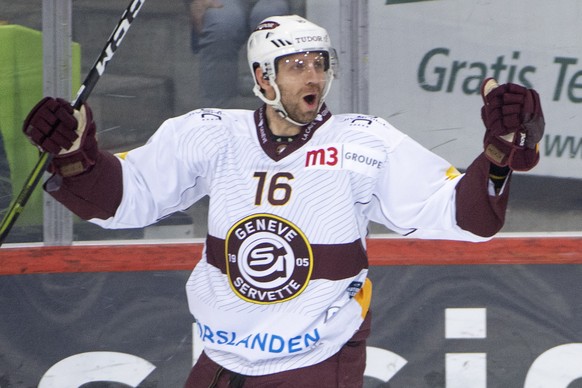 Servettes Eric Fehr jubelt, waehrend des Meisterschaftsspiels der National League zwischen dem SC Bern und dem Geneve-Servette HC, am Samstag, 25. Januar 2020, in der Postfinance Arena in Bern. (KEYST ...