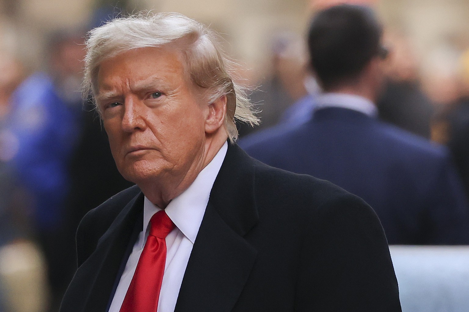 Former President Donald Trump arrives for a press conference at 40 Wall Street after a pre-trial hearing at Manhattan criminal court, Monday, March 25, 2024, in New York. A New York judge has schedule ...