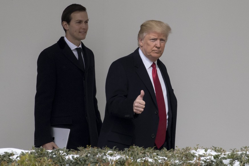 epa05849924 US President Donald J. Trump (R), with Senior Advisor Jared Kushner (L), walks the colonnade to board Marine One on the South Lawn of the White House in Washington, DC, USA,15 March 2017.  ...