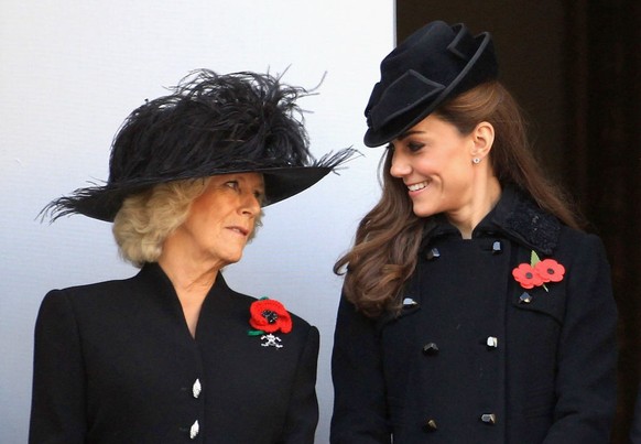 LONDON, UNITED KINGDOM - NOVEMBER 13: Catherine, Duchess of Cambridge and Camilla, Duchess of Cornwall smile during the Remembrance Day Ceremony at the Cenotaph on November 13, 2011 in London, United  ...