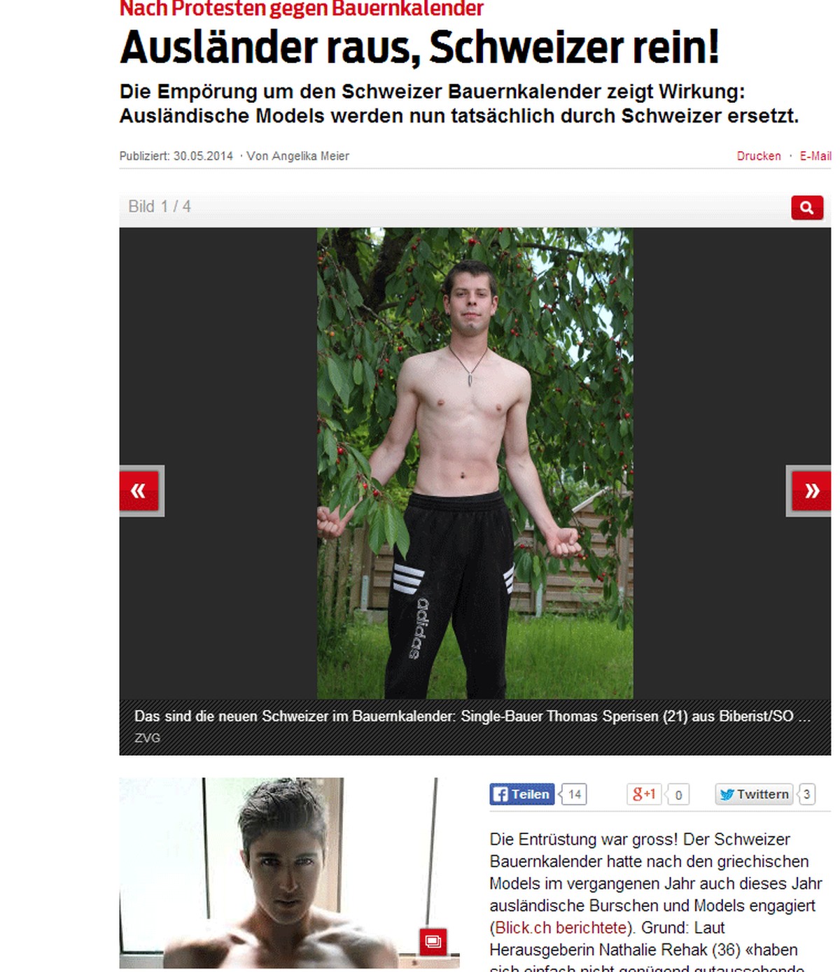 Oben: der «neue Schweizer im Bauernkalender: Single-Bauer Thomas». Unten: der hässlichere Deutsche. Gut, er ist natürlich ziemlich gutaussehend, aber hier geht es ums Prinzip!