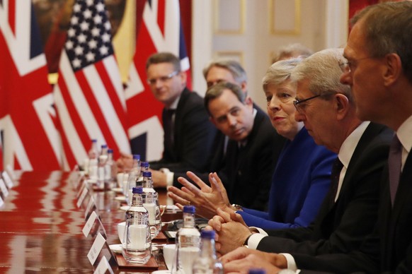 British Prime Minister Theresa May, center, speaks during a business roundtable event with President Donald Trump at St. James&#039;s Palace, Tuesday, June 4, 2019, in London. (AP Photo/Alex Brandon)