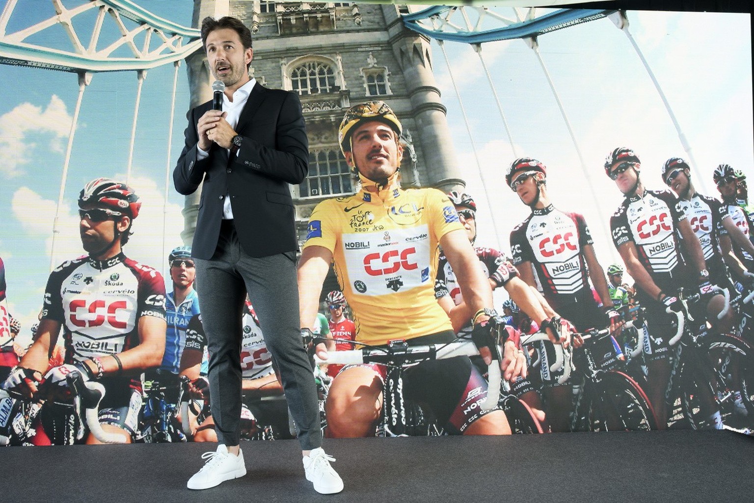 Former Swiss professional road racing cyclist Fabian Cancellara speaks during a press conference on his new cycling team &quot;Tudor Pro Cycling Team&quot; on the sideline of the 75th Tour de Romandie ...