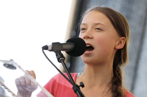 epa07857713 Sixteen-year-old climate activist Greta Thunberg speaks at the Youth Climate Strike in Battery Park in New York, New York, USA, 20 September February 2019. An estimated quarter of a millio ...