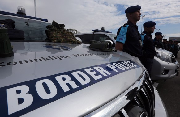 epa07468431 (FILE) - Police officers of European Border and Coast Guard stand on duty, during the official launch of the European Border and Coast Guard, in Kapitan Andreevo Check Point, on the border ...