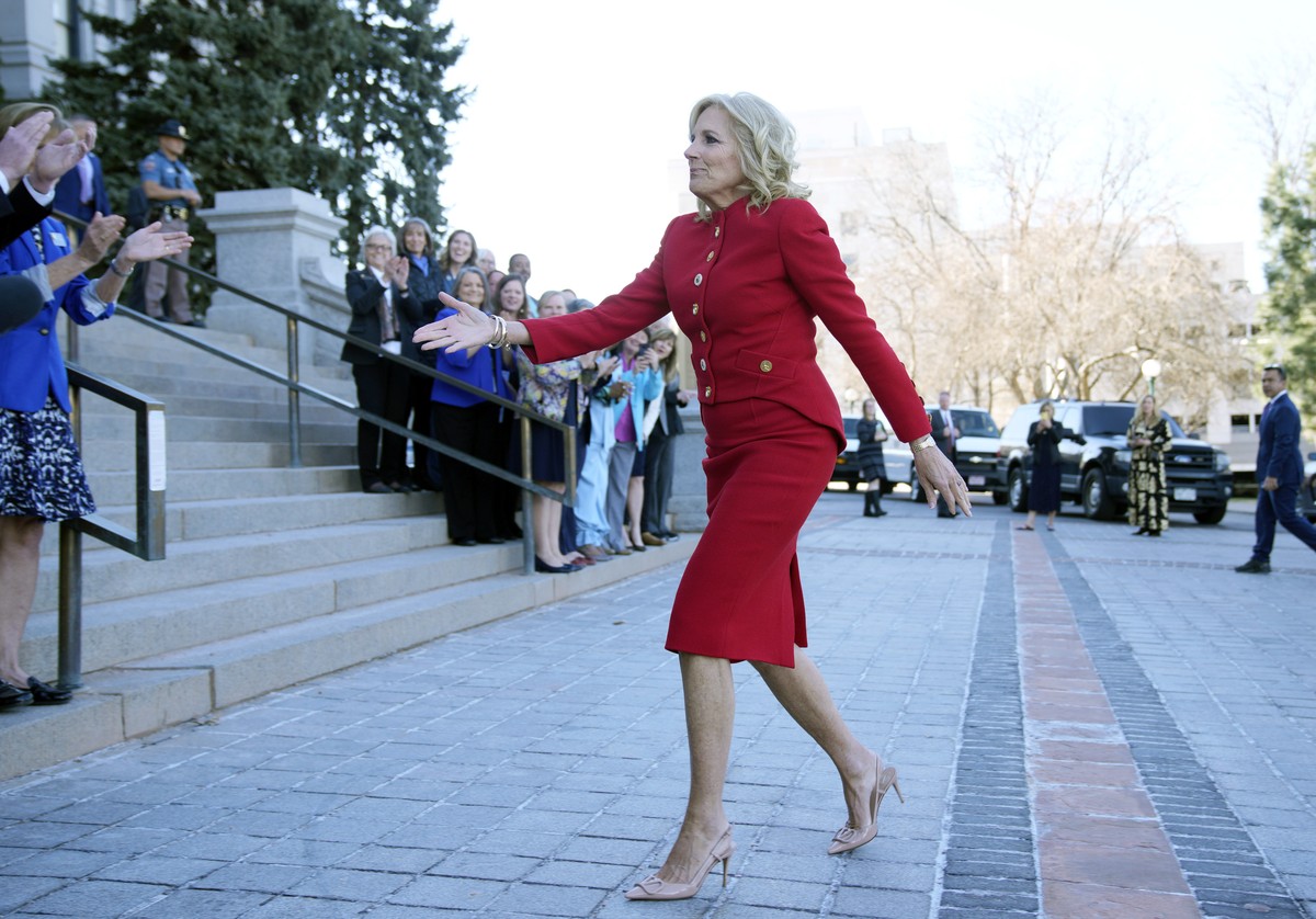 First lady Jill Biden greets lawmakers during a stop to attend a roundtable discussion on the federal workforce training program to help community college students earn certificates for entry-level jo ...