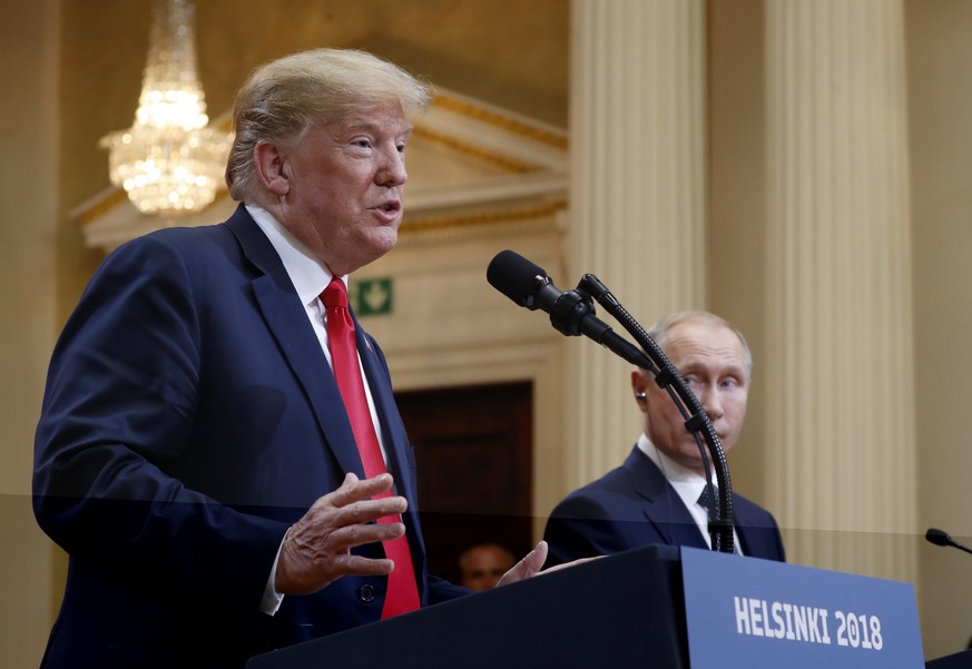 U.S. President Donald Trump speaks during a press conference after the meeting of U.S. President Donald Trump and Russian President Vladimir Putin at the Presidential Palace in Helsinki, Finland, Mond ...