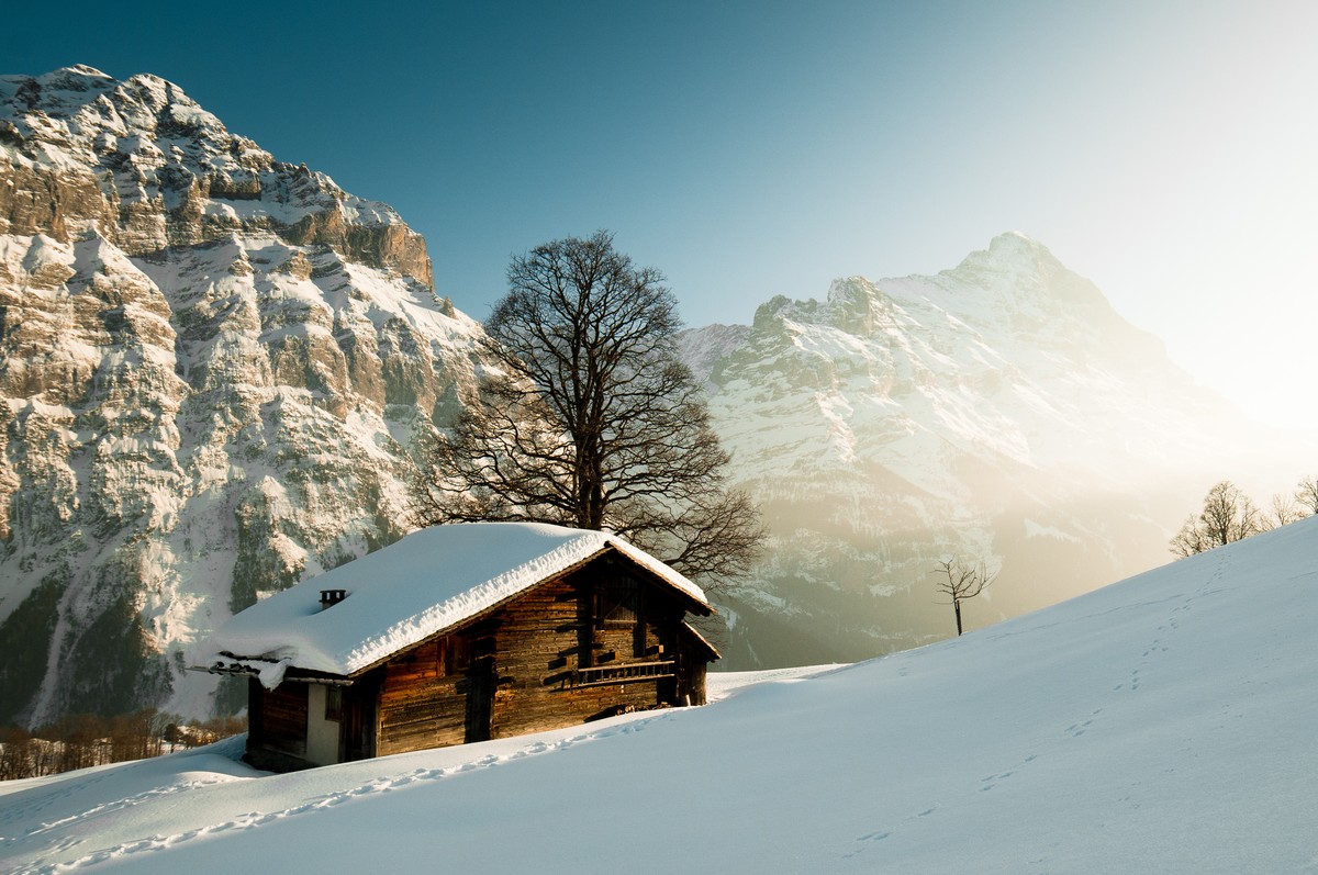 berg chalet berghütte schnee winter alpen ski skifahren sonnenuntergang