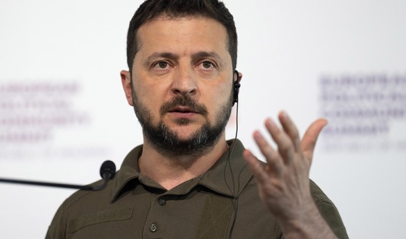The President of Ukraine Volodymyr Zelenskyy speaks at a press conference at the European Political Community (EPC) summit in Bulboaca, near Chisinau, Moldova, Thursday, June 1, 2023. (Carl Court…