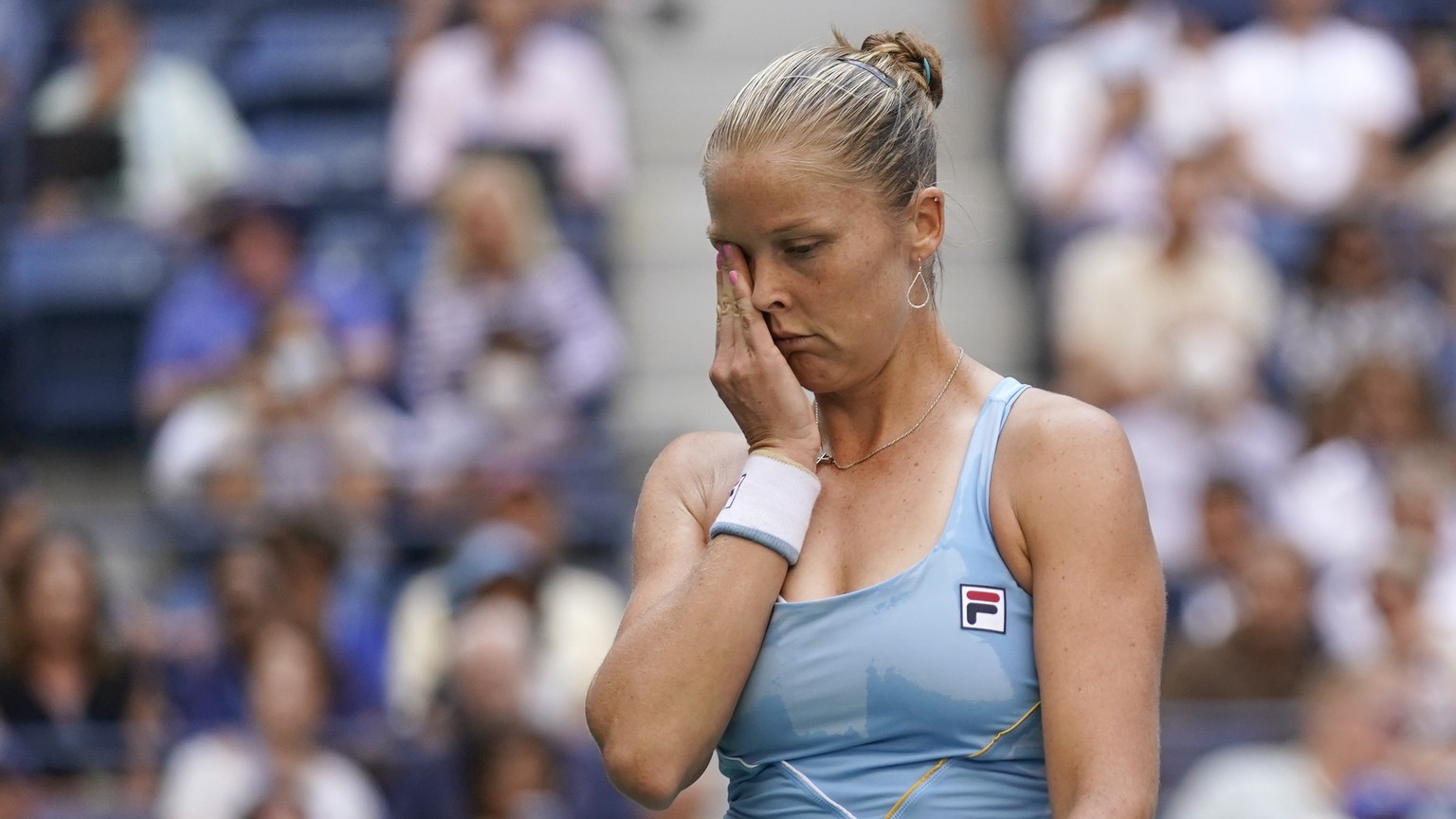 Shelby Rogers, of the United States, reacts to losing a point against Emma Raducanu, of Britain, during the fourth round of the US Open tennis championships, Monday, Sept. 6, 2021, in New York. (AP Ph ...