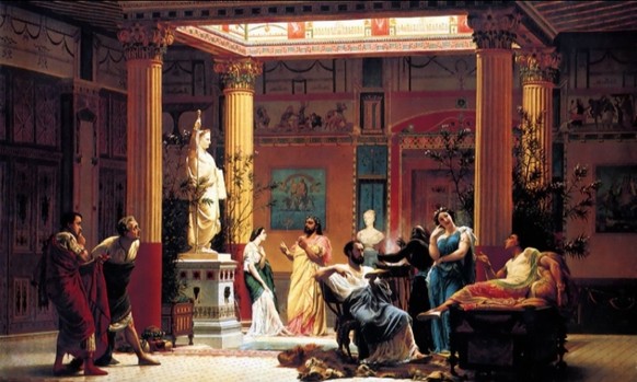 Gemälde von Gustave Boulanger: Ein Patron empfängt seinen Klienten. Das Treueverhältnis zwischen ihnen verlangte vom Patron, dass er seinen Schutzbefohlenen vor Gericht vertrat, während der Klient in  ...
