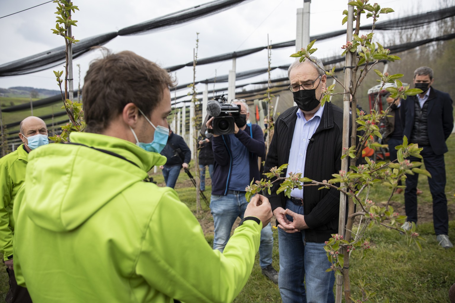 Bundespraesident Guy Parmelin besichtigt mit den Betriebsleitern Marco Messerli, vorne, und Paul Messerli, hinten links, die Obstplantage, waehrend einem Besuch auf dem landwirtschaftlichen Biobetrieb ...