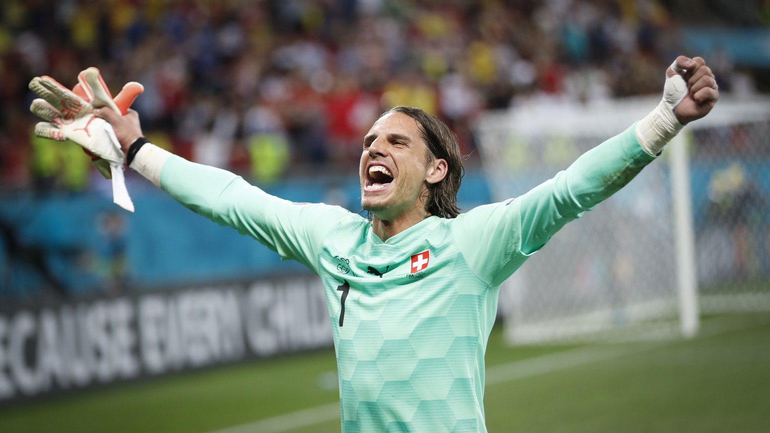 Switzerland&#039;s goalkeeper Yann Sommer celebrates saving the penalty kick of France&#039;s Kylian Mbappe during the Euro 2020 soccer championship round of 16 match between France and Switzerland at ...