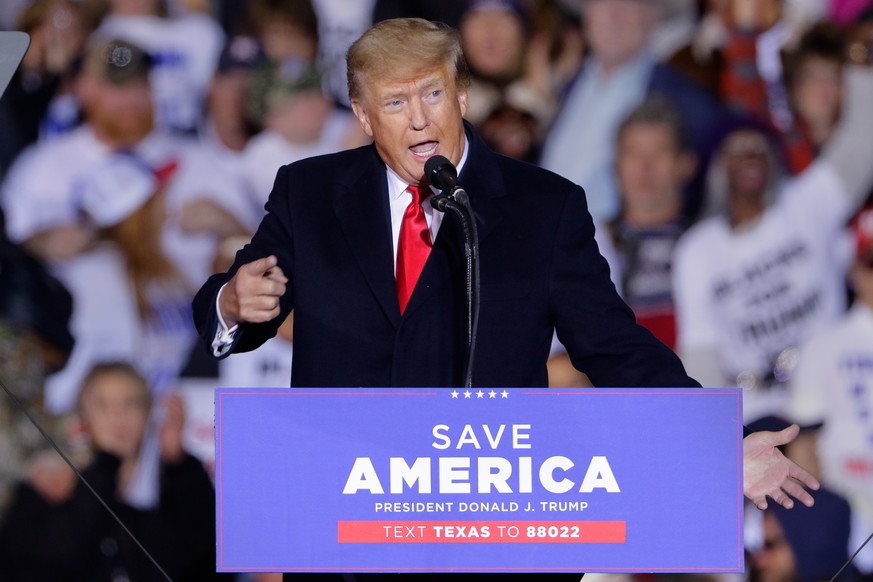 epa09717407 Former US president Donald Trump speaks at a Save America Rally, held outdoors at the Montgomery County Fairgrounds in Conroe, Texas, USA, 29 January 2022. Trump has been holding rallies a ...