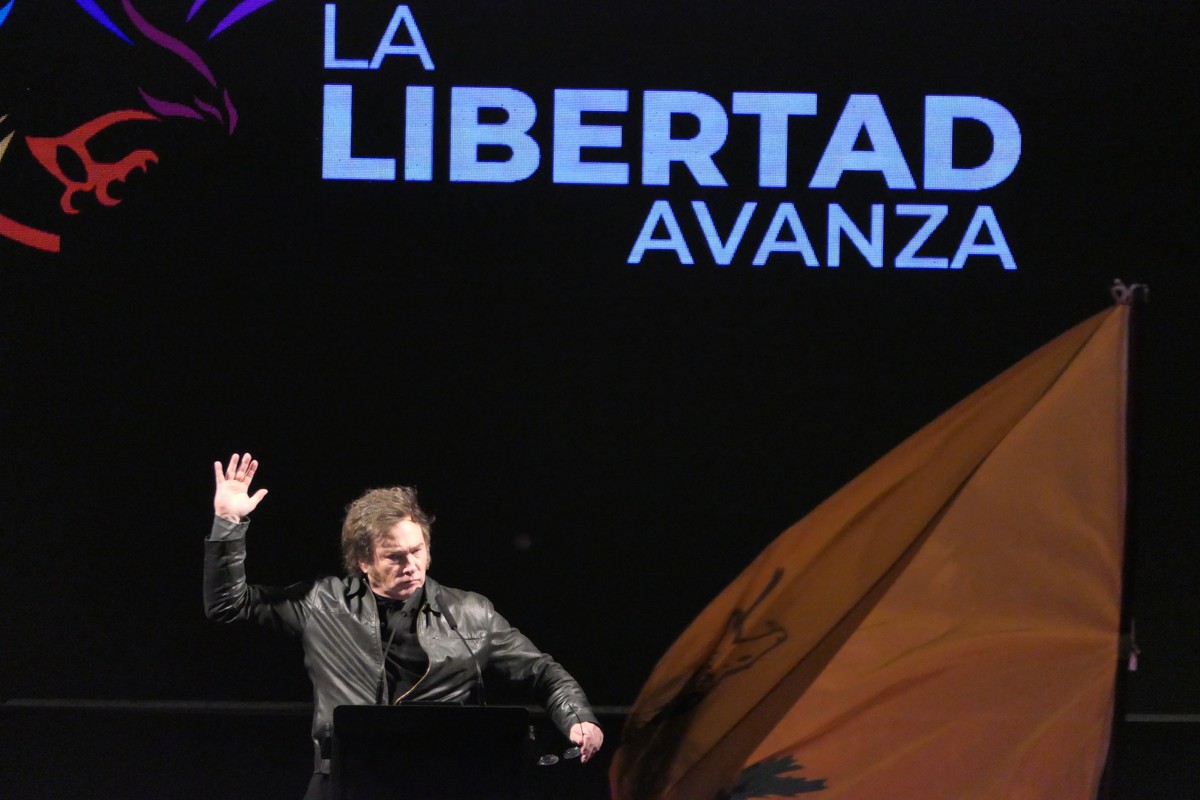epa11631481 The president of Argentina, Javier Milei, speaks during an event at Lezama Park, in Buenos Aires, Argentina, 28 September 2024. Javier Milei returns as President of Argentina to Lezama Par ...