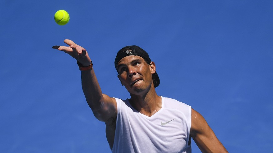 epa07279093 Rafael Nadal of Spain in action during a practice session on the Margaret Court prior to the 2019 Australian Open in Melbourne, Australia, 13 January 2019. EPA/LUKAS COCH AUSTRALIA AND NEW ...