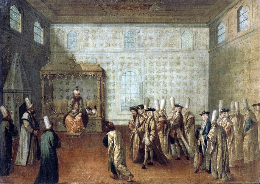 Ahmed III. empfängt den französischen Botschafter Charles de Ferriol. Gemälde von Jean-Baptiste van Mour, um 1724.