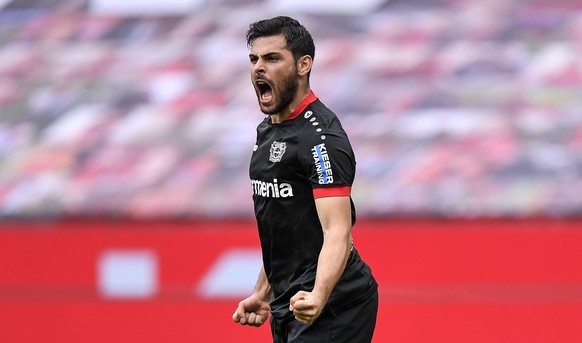 Leverkusen&#039;s Kevin Volland celebrates after scoring the opening goal during the German Bundesliga soccer match between Bayer 04 Leverkusen and FSV Mainz 05 in Leverkusen, Germany, Saturday, June  ...