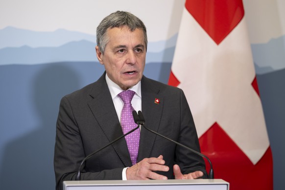 Swiss Federal Councillor Ignazio Cassis speaks during a press conference with Mauro Luiz Iecker Vieira, Minister of Foreign Affairs of Brazil, during an official visit to Switzerland, in Solothurn, Tu ...