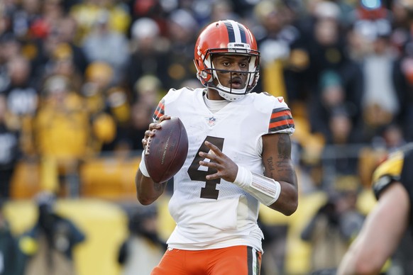FILE -Cleveland Browns quarterback Deshaun Watson (4) looks to pass during an NFL football game, Sunday, Jan. 8, 2023, in Pittsburgh, Pa. Cleveland general manager Andrew Berry indicated, Tuesday, Feb ...