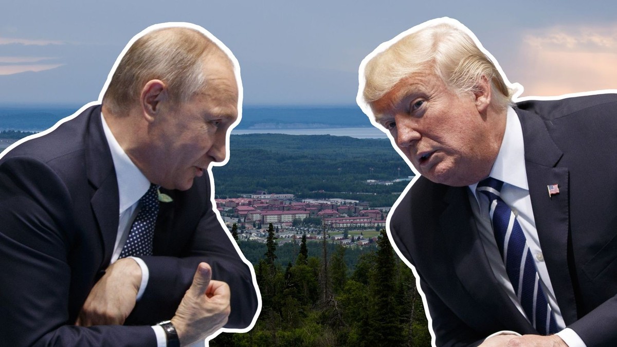 ANCHORAGE, ALASKA - JBER (Joint Base Elmendorf-Richardson), as seen from Arctic Valley. Combo mit Donald Trump und Wladimir Putin.