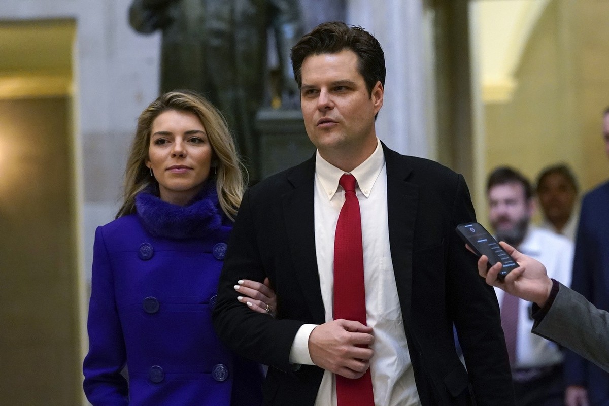 Rep. Matt Gaetz, R-Fla., and his wife Ginger Luckey, walk on Capitol Hill in Washington, Tuesday, Jan. 3, 2023. (AP Photo/Susan Walsh)