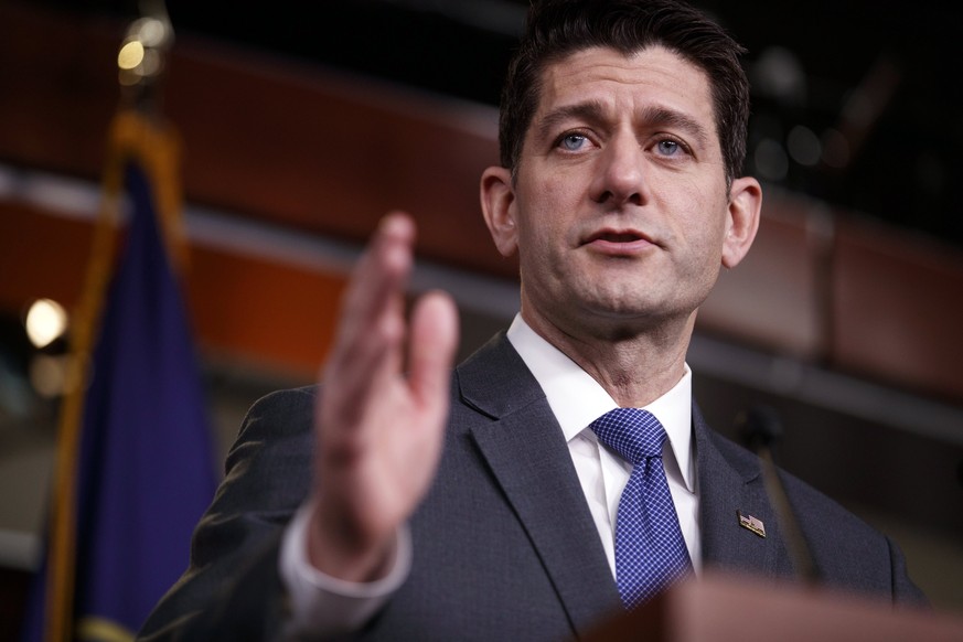 epa06661416 (FILE) Speaker of the House Paul Ryan responds to a question from the news media during a press conference about the upcoming spending bill vote in the US Capitol in Washington, DC, USA, 2 ...